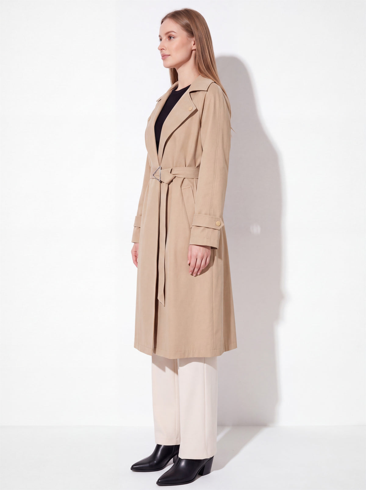 VelouraAvenue Wide Lapel Belted Trench Coat - Camel - Side