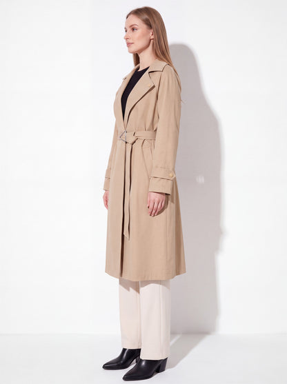 VelouraAvenue Wide Lapel Belted Trench Coat - Camel - Side
