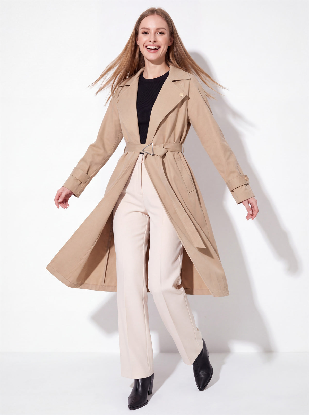 VelouraAvenue Wide Lapel Belted Trench Coat - Camel - In Movement