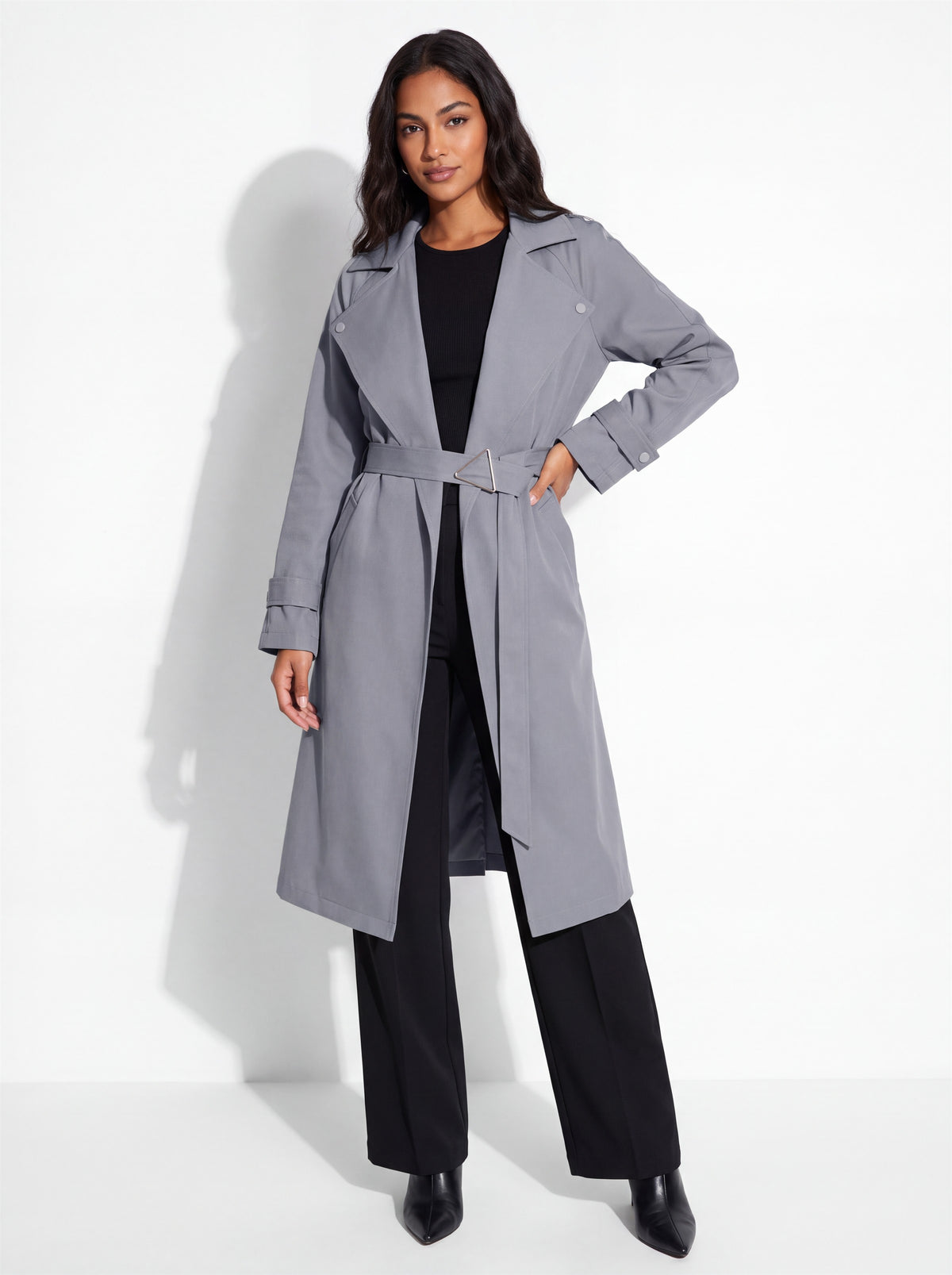 VelouraAvenue Wide Lapel Belted Trench Coat - Dark Gray - Front