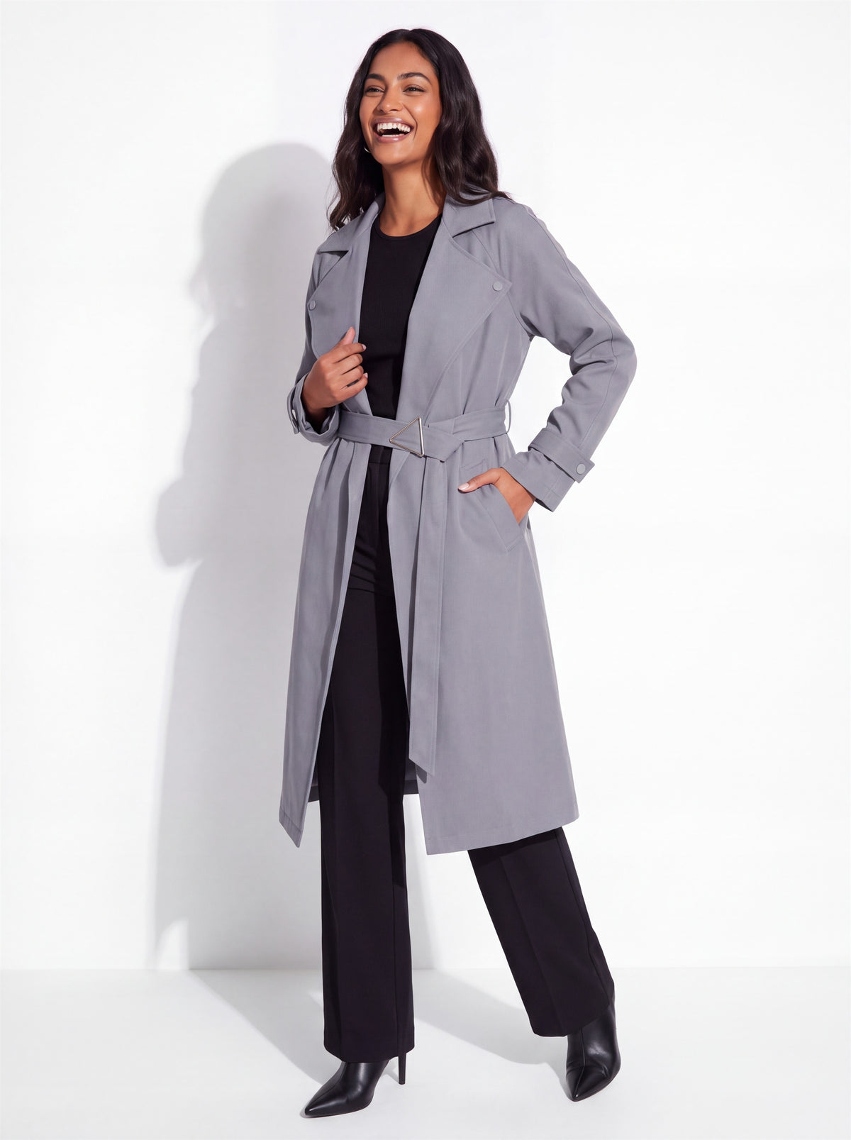 VelouraAvenue Wide Lapel Belted Trench Coat - Dark Gray - Three Quarter