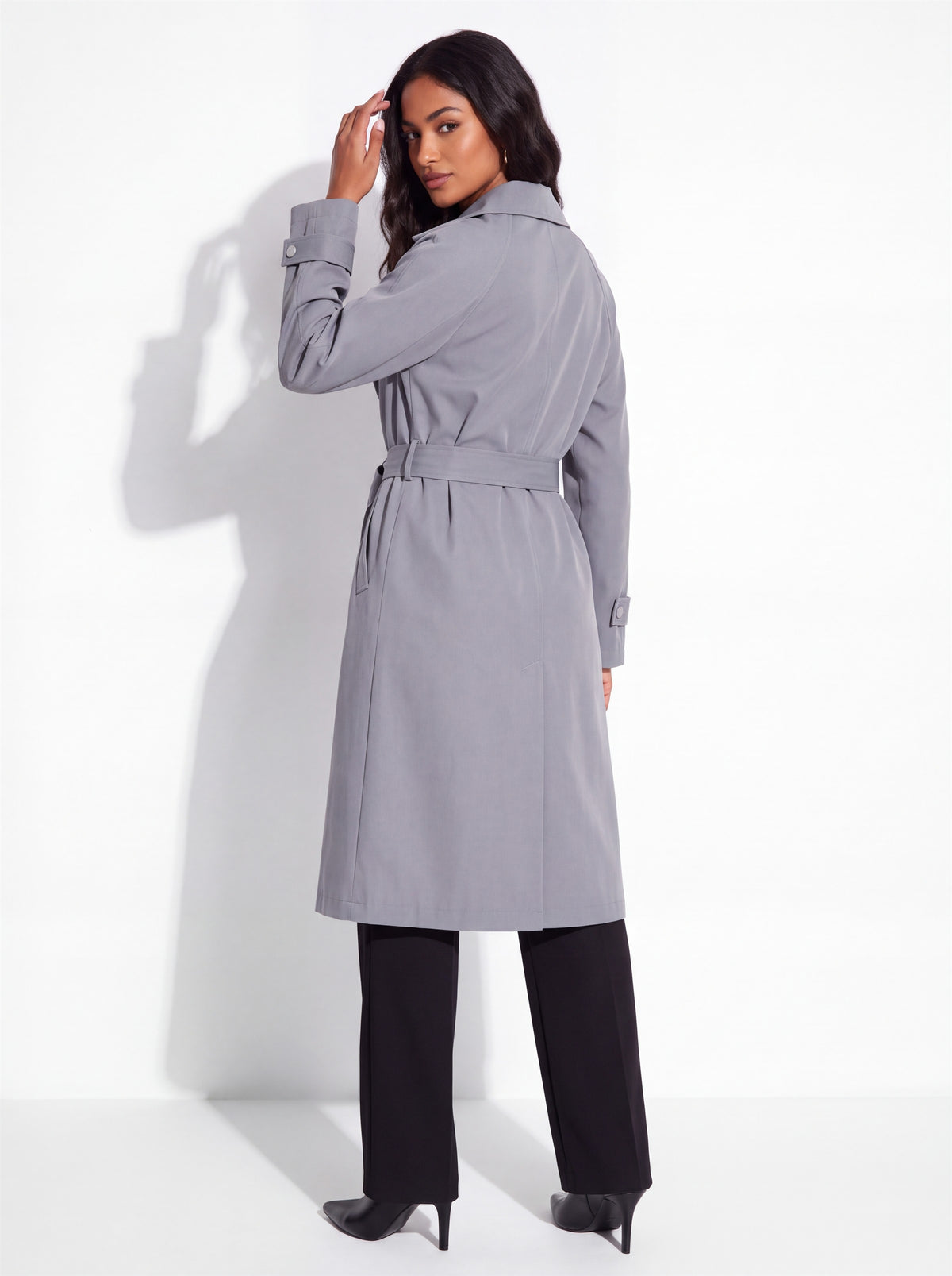 VelouraAvenue Wide Lapel Belted Trench Coat - Dark Gray - Back