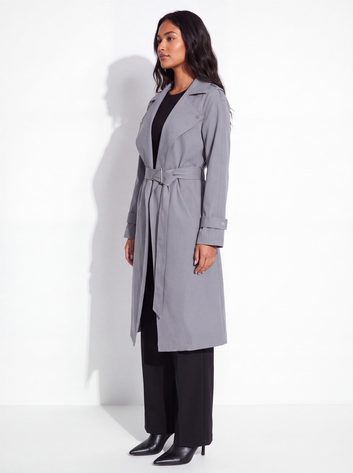 VelouraAvenue Wide Lapel Belted Trench Coat - Dark Gray - Side