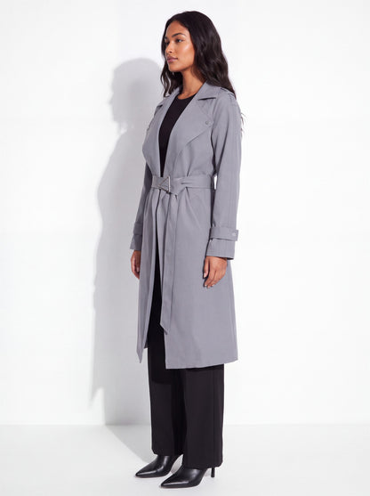 VelouraAvenue Wide Lapel Belted Trench Coat - Dark Gray - Side
