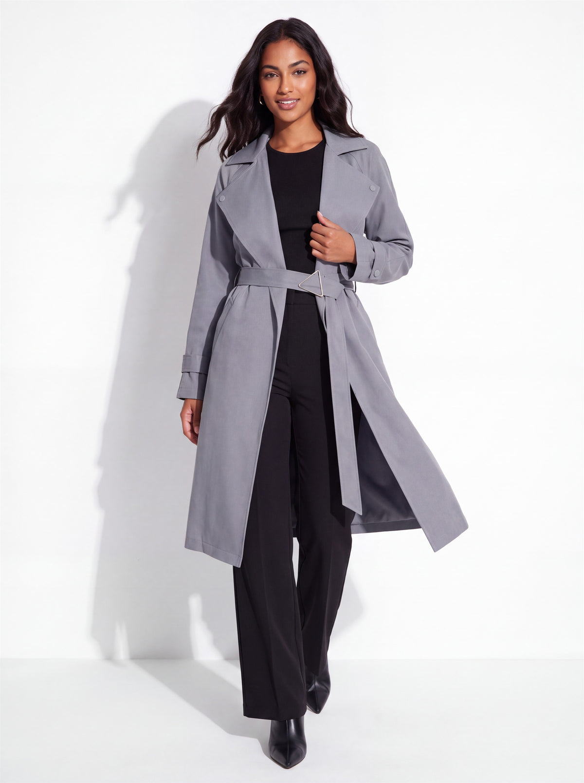 VelouraAvenue Wide Lapel Belted Trench Coat - Dark Gray - Walking