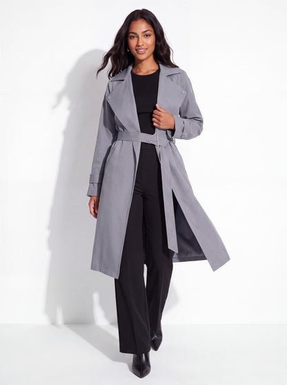 VelouraAvenue Wide Lapel Belted Trench Coat - Dark Gray - Walking