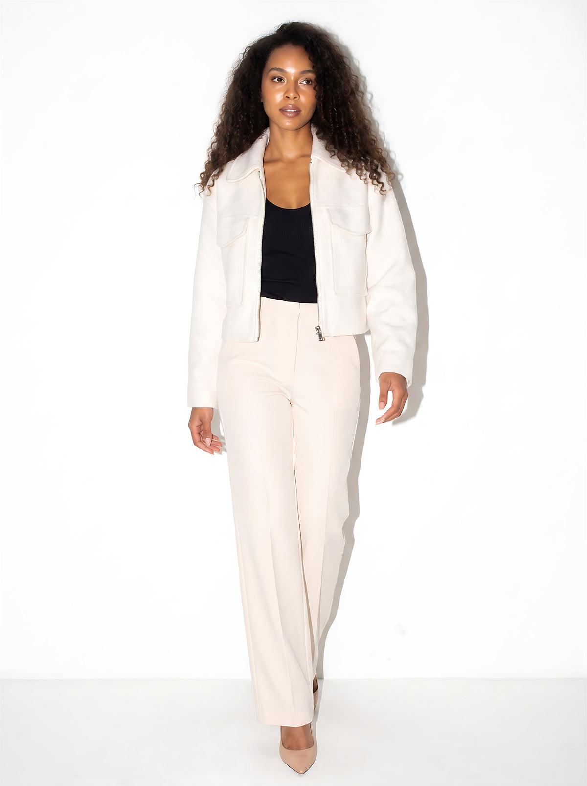 VelouraAvenue Zip-Up Cropped Jacket - White - Walking